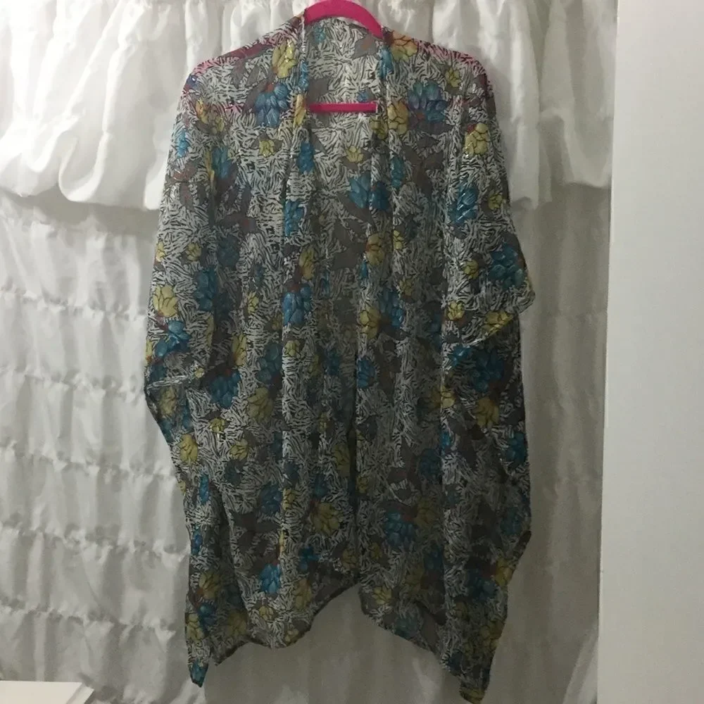 NWT L floral multicolor metallic Gold open kimono chiffon